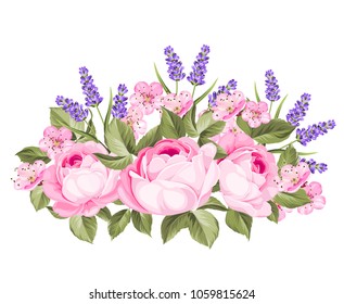 Blooming spring flowers garland of purple roses, sakura and lavender. Label with rose and lavender flowers. Vector illustration.