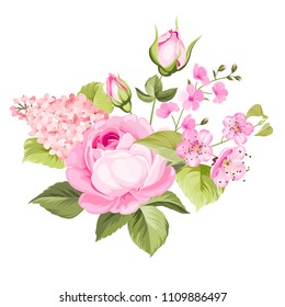 Blooming spring flowers garland of purple roses, sakura and lilac. Label with rose and sacura flowers.