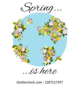 Blooming spring flowers on the background of the ocean on planet Earth. Vector image on white background. Spring is here.