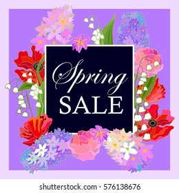 Blooming spring flowers. Vintage cards with hyacints, poppies and peonies. Art Nouvea design motifs. On purple.