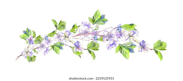 Blooming spring flowers. Watercolor cherry blossom, sakura lush flowering branch. Floral bunch in blue and white colors vector. Beautiful spring design illustration