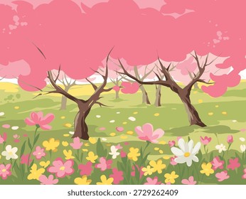Jardín floreciente de primavera. Paisaje con prado y árboles en flor. Ilustración vectorial en estilo acuarela. Dibujado a mano dibujo del autor.