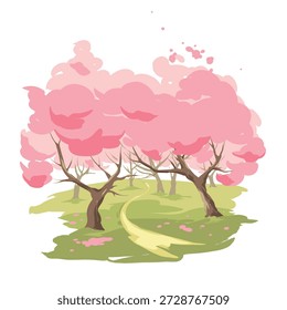 Blooming spring garden. Landscape with trees in bloom. Vector illustration in watercolor style. Hand drawn author's drawing.