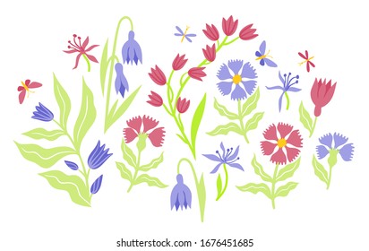 Blooming spring meadow flowers on a white isolated background for design of cards, invitation, greeting banners, web design and social media. Cornflowers, bells, lilies of the valley and snowdrops.