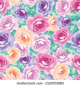 Blooming spring peony meadow seamless pattern. Plant background for fashion, wallpapers, print. Pink, teal, purple, lilac, periwinkle roses. Liberty style floral. Trendy flower design