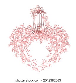 blooming spring sakura tree branches forming heart shape with open cage and sitting bird vector romantic decor design