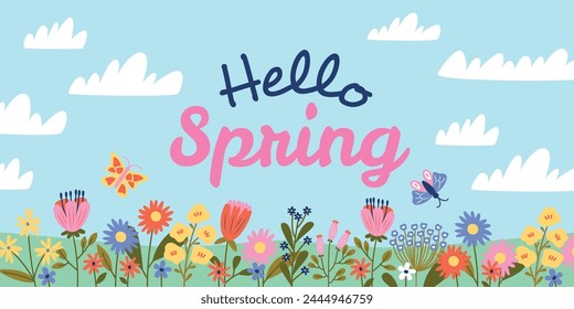 Blooming spring season poster. Beautiful flowers, flying butterfly, waking up to nature, warm sunny time, pretty landscape, cute clouds, horizontal web banner, cute doodle tidy vector concept