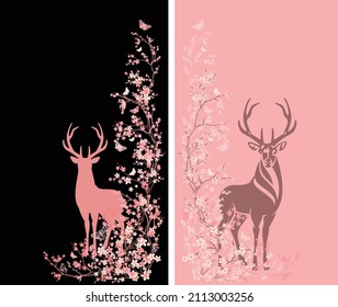blooming spring season sakura tree branches and standing wild deer stag vector copy space background set
