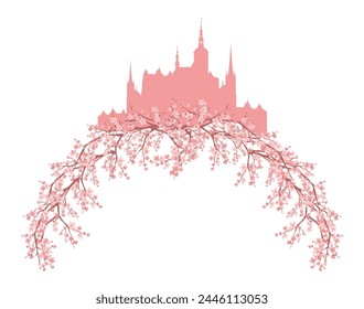 blooming spring season sakura tree branches creating natural arch and fairy tale princess castle vector springtime design