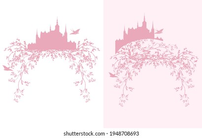 blooming spring season tree branches, fairy tale princess castle and flying swallow birds vector silhouette design set