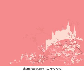 blooming spring season tree branches and magic fairy tale princess castle vector copy space background