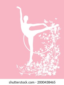 blooming spring season tree branches, slim gymnast girl and flying butterflies vector silhouette copy space design for healthy living concept