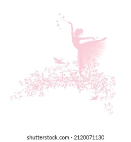 blooming spring season tree branches, dancing fairy tale princess wearing ballet tutu and flying swallow birds vector silhouette copy space design