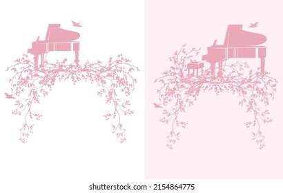 blooming spring season tree branches, grand piano and flying swallow birds for outdoors classical music concert vector silhouette design set