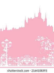 blooming spring season tree branches, fairy tale princess castle and city street with streetlight, fence and gate vector silhouette design set
