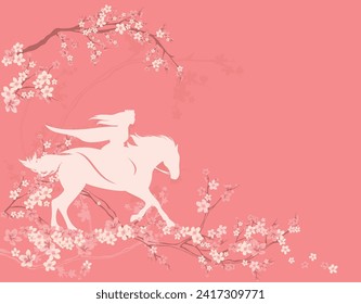 blooming spring season tree branches and magic fairy tale princess riding white horse vector copy space background