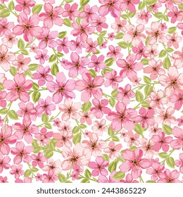 Blooming spring or summer blossom seamless pattern. Plant background for fashion, wallpapers, print. Peach and pink flowers on white. Liberty style floral. Trendy floral design, handdrawn