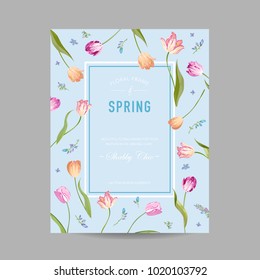 Blooming Spring and Summer Floral Design Card. Watercolor Tulips Flowers for Invitation, Wedding, Baby Shower. Vector illustration