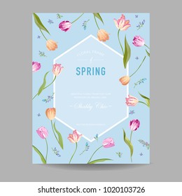 Blooming Spring and Summer Floral Frame. Watercolor Tulips Flowers for Invitation, Wedding, Baby Shower Card. Vector illustration