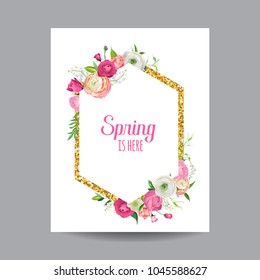 Blooming Spring and Summer Floral Frame with Golden Glitter Border. Watercolor Roses Flowers for Invitation, Wedding, Baby Shower Card in Vector 