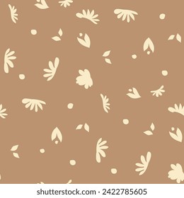 Blooming spring and summer foliage and leaves. Floral decoration or ornament with botanic elements, flora and petals design. Seamless pattern print, background wallpaper. Vector in flat style