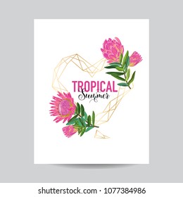 Blooming Spring and Summer Golden Floral Frame. Botanical Design with Protea Flowers for Invitation, Wedding, Baby Shower Card. Vector illustration