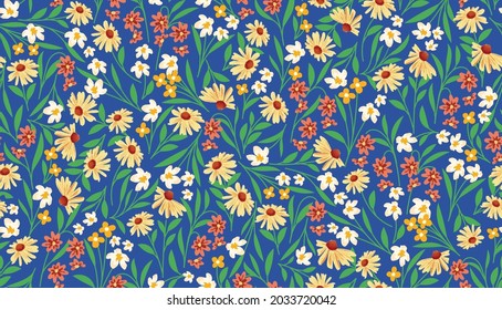 Blooming spring or summer meadow seamless pattern. Plant background for fashion, wallpapers, print. Blue, white and red daisy or sunflower on blue. Liberty style floral. Trendy floral design