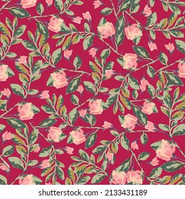Blooming spring or summer meadow seamless pattern. Plant background for fashion, wallpapers, print. Pink, green flowers on fuchsia. Liberty style floral. Trendy floral design svg
