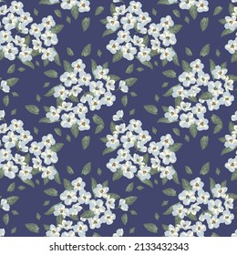 Blooming spring or summer meadow seamless pattern. Plant background for fashion, wallpapers, print. Light blue, white  flowers on navy. Liberty style floral. Trendy floral design