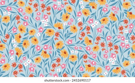 Blooming spring or summer meadow seamless pattern. Plant background for fashion, wallpapers, print. Liberty style floral. Trendy floral design