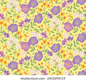 Blühende Frühlings- oder Sommerwiese nahtloses Muster. Pflanzenhintergrund für Mode, Bildschirmhintergründe, Druck. Liberty Stil floral. Trendiges Blumendesign