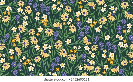 Blühende Frühlings- oder Sommerwiese nahtloses Muster. Pflanzenhintergrund für Mode, Bildschirmhintergründe, Druck. Liberty Stil floral. Trendiges Blumendesign