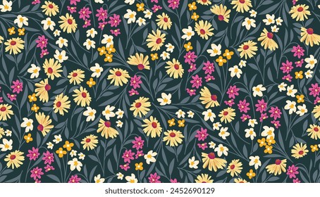 Blooming spring or summer meadow seamless pattern. Plant background for fashion, wallpapers, print. Liberty style floral. Trendy floral design