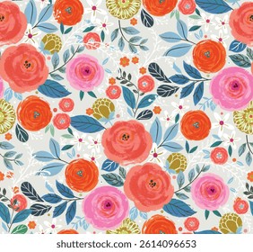 Blooming spring or summer meadow seamless pattern. Plant background for fashion, wallpapers, print. Cream, yellow, pink, red flowers on gray. Liberty style floral. Trendy floral design