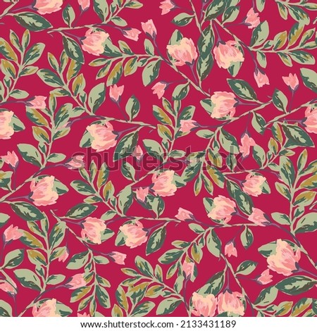 Blooming spring or summer meadow seamless pattern. Plant background for fashion, wallpapers, print. Pink, green flowers on fuchsia. Liberty style floral. Trendy floral design Stockfoto © 