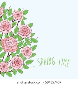 Blooming spring tree with hand drawn pink flowers. Elements for your design. Vector illustration.