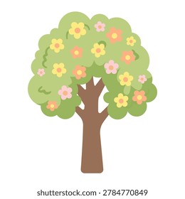 Blooming spring tree with yellow and pink flowers round canopy plant asset flat vector illustration