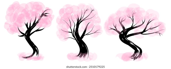 Blooming spring trees watercolor vector illustrations set on white background. Beautiful sakuras in blossom hand drawn images collection