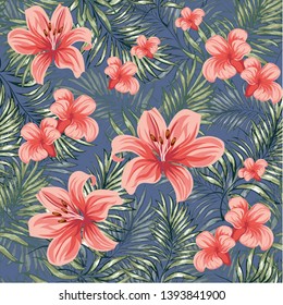 Blooming spring-summer flowers plants with branches of tropical palm trees. Seamless pattern. Vector image