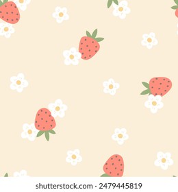 Blooming strawberry seamless vector pattern with berry and flowers in simple hand drawn cartoon kawaii style. Pastel palette, cute beige unisex background. Ideal for printing baby textiles, clothes