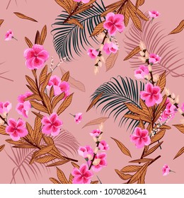 Blooming Stylish Garden florals pattern in the many kind of flowers. Tropical botanical . Seamless vector texture.fashion prints. Printing with in hand drawn style on pink background.
