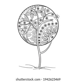 Un árbol estilizado floreciente sobre un fondo blanco. Página de libros de coloreo para niños y adultos. Ilustración con un patrón de doodle