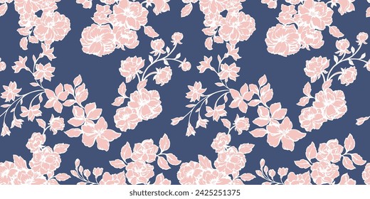 Blühende stilisierte wilde Wiese nahtlose Muster. Sanft abstrakte Blumenstiele Muster auf dunkelblauem Hintergrund. Künstlerisch kreative Zweige Blumen gemustert. Hand gezeichnete Vektor-Illustration. 