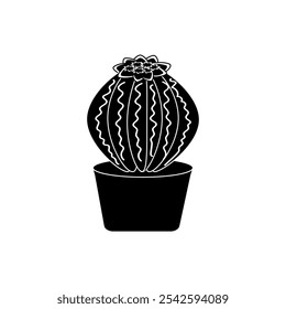 Cactus suculento floreciente en forma redonda en una olla. Vector ilustración en blanco y negro