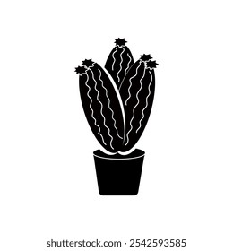 Cactus oval alargado y suculento en flor en una maceta. Vector ilustración en blanco y negro