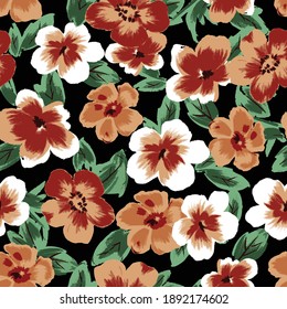 Blooming summer or fall meadow seamless pattern. Plant background for fashion, wallpapers, print. Red, orange and white flowers on black. Liberty style floral. Trendy floral design