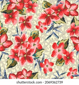 Blooming Summer Or Fall Meadow Seamless Pattern. Plant Background For Fashion, Wallpapers, Print. Red, Coral And White Flowers On Cream Texture. Liberty Style Floral. Trendy Floral Design