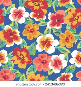 Blühende Sommer- oder Herbstwiesen nahtlose Muster. Pflanzenhintergrund für Mode, Wallpaper, Druck. Rote, orangefarbene und weiße Blumen auf Blau. Blumen im Liberty-Stil. Trendfarbenes Design