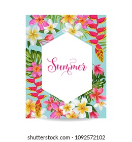 Blooming Summer Floral Frame, Poster, Banner. Tropical Flowers Card for Invitation, Greetings, Wedding, Baby Shower. Vector illustration