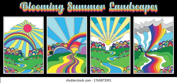 Blooming Summer Landscapes, Psychedelic Art Nature, Outdoor Drawing, Rainbows, Rivers, Hills And Abstract Flowers